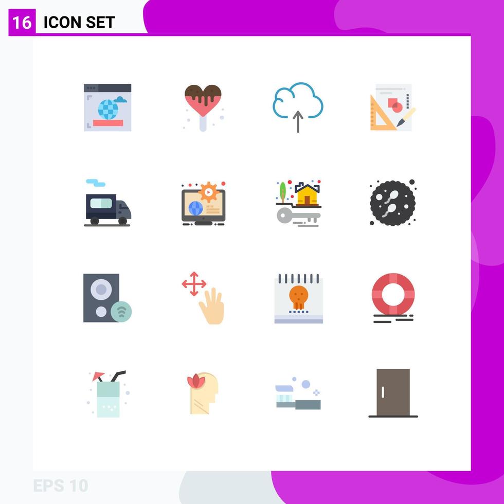 pacote de cores planas de 16 símbolos universais do gráfico de transporte de upload de caminhão de negócios pacote editável de elementos de design de vetores criativos
