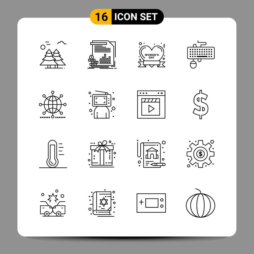 16 sinais de símbolos de contorno de pacote de ícones pretos para designs responsivos em conjunto de 16 ícones de fundo branco vetor