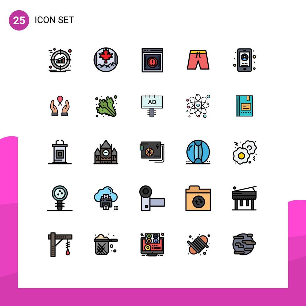 conjunto de cores planas de linha cheia de interface móvel de 25 pictogramas de roupas de alerta curto de negócios, elementos de design de vetores editáveis