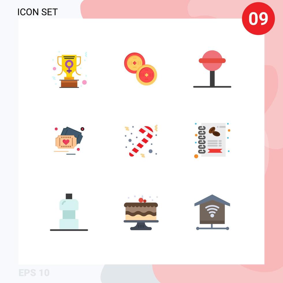 conjunto de cores planas de interface móvel de 9 pictogramas de elementos de design de vetores editáveis de coração de doce de cana de negócios