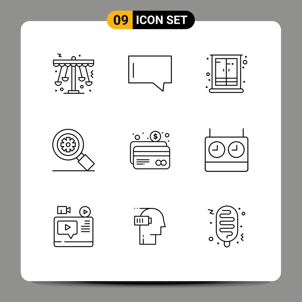 conjunto de 9 sinais de símbolos de ícones de interface do usuário modernos para busca de armário de engrenagem atm elementos de design de vetores editáveis em casa