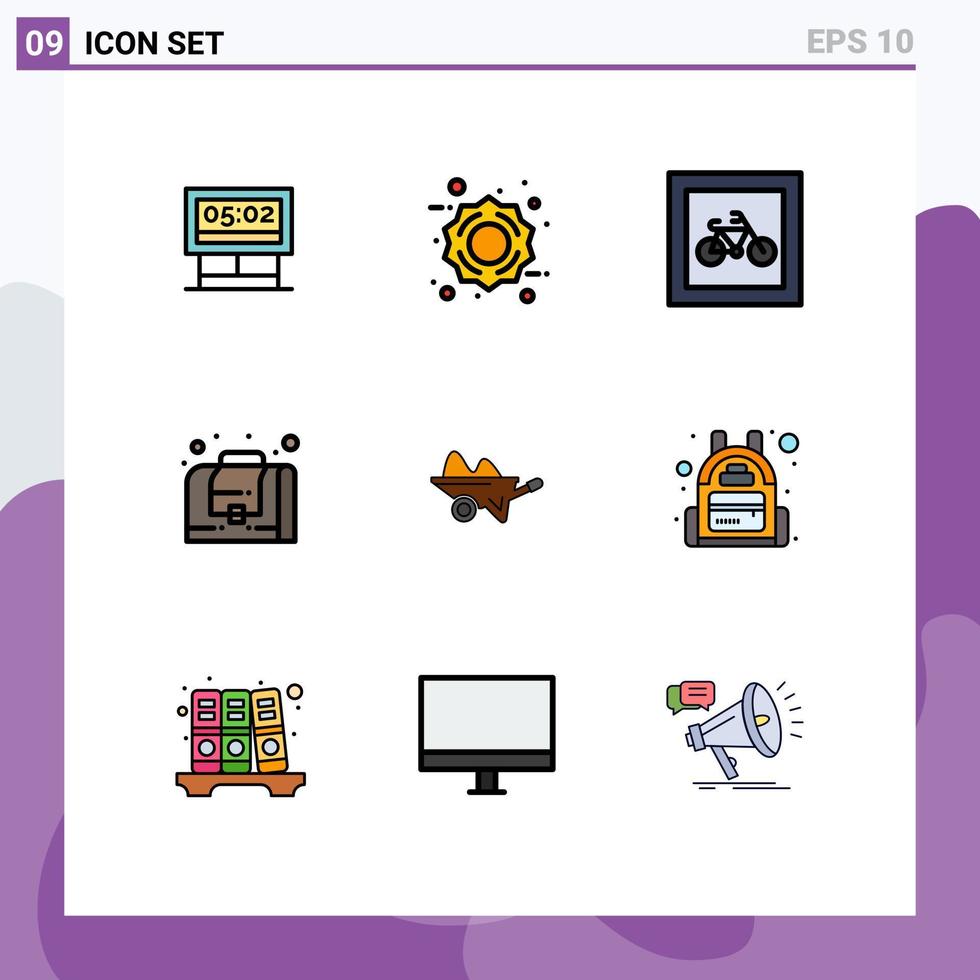 conjunto moderno de 9 cores e símbolos planos de linha preenchida, como elementos de design de vetores editáveis de negócios de sacola de estacionamento de carrinho de mão de fazenda