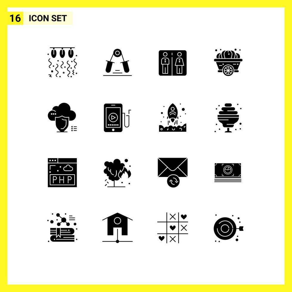conjunto de pictogramas de 16 glifos sólidos simples de ação de graças abóbora exercício outono máquina elementos de design de vetores editáveis