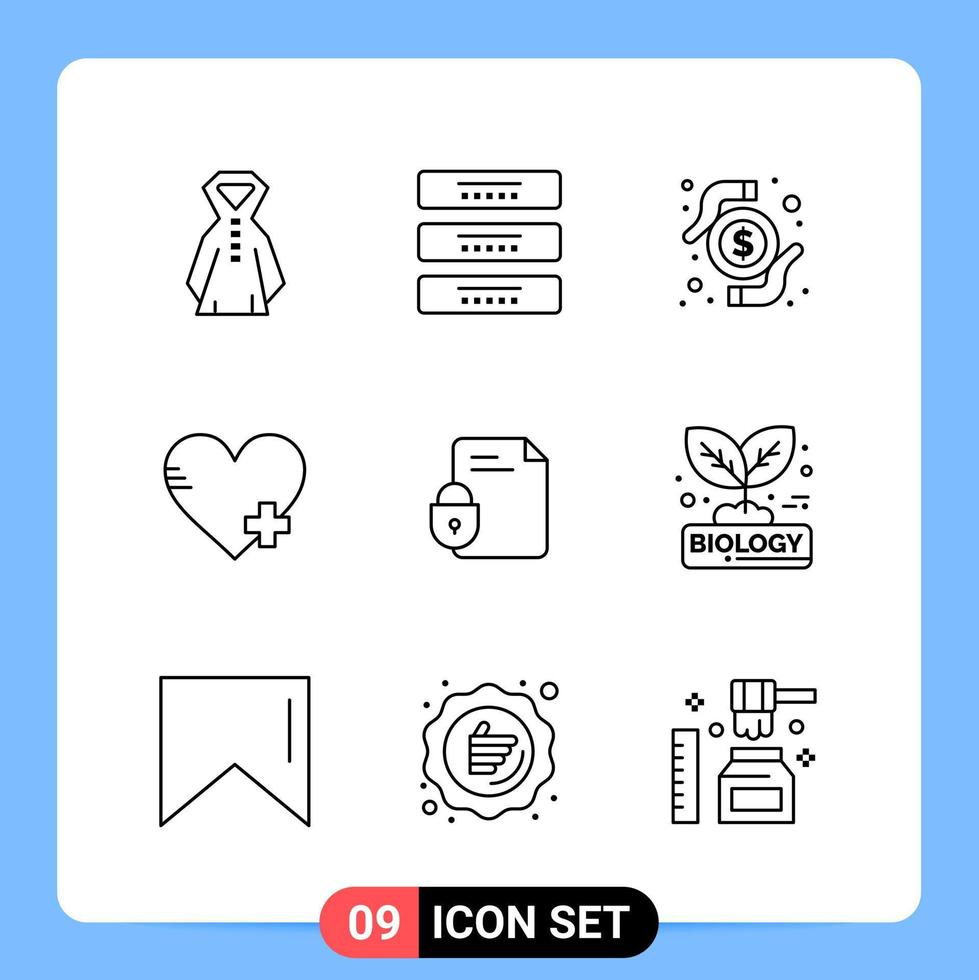 Símbolos de contorno do pacote de ícones pretos de 9 linhas para aplicativos móveis isolados no conjunto de 9 ícones de fundo branco vetor