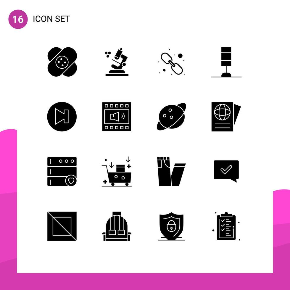 grupo de 16 sinais e símbolos de glifos sólidos para amplificador multimídia link lâmpada de seta elementos de design de vetores editáveis