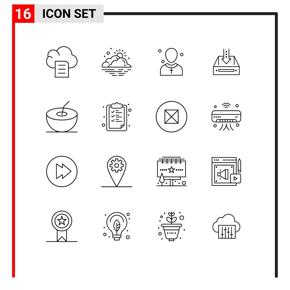 conjunto de 16 sinais de símbolos de ícones de interface do usuário modernos para armário vazio pregador de caixa cristã elementos de design de vetores editáveis
