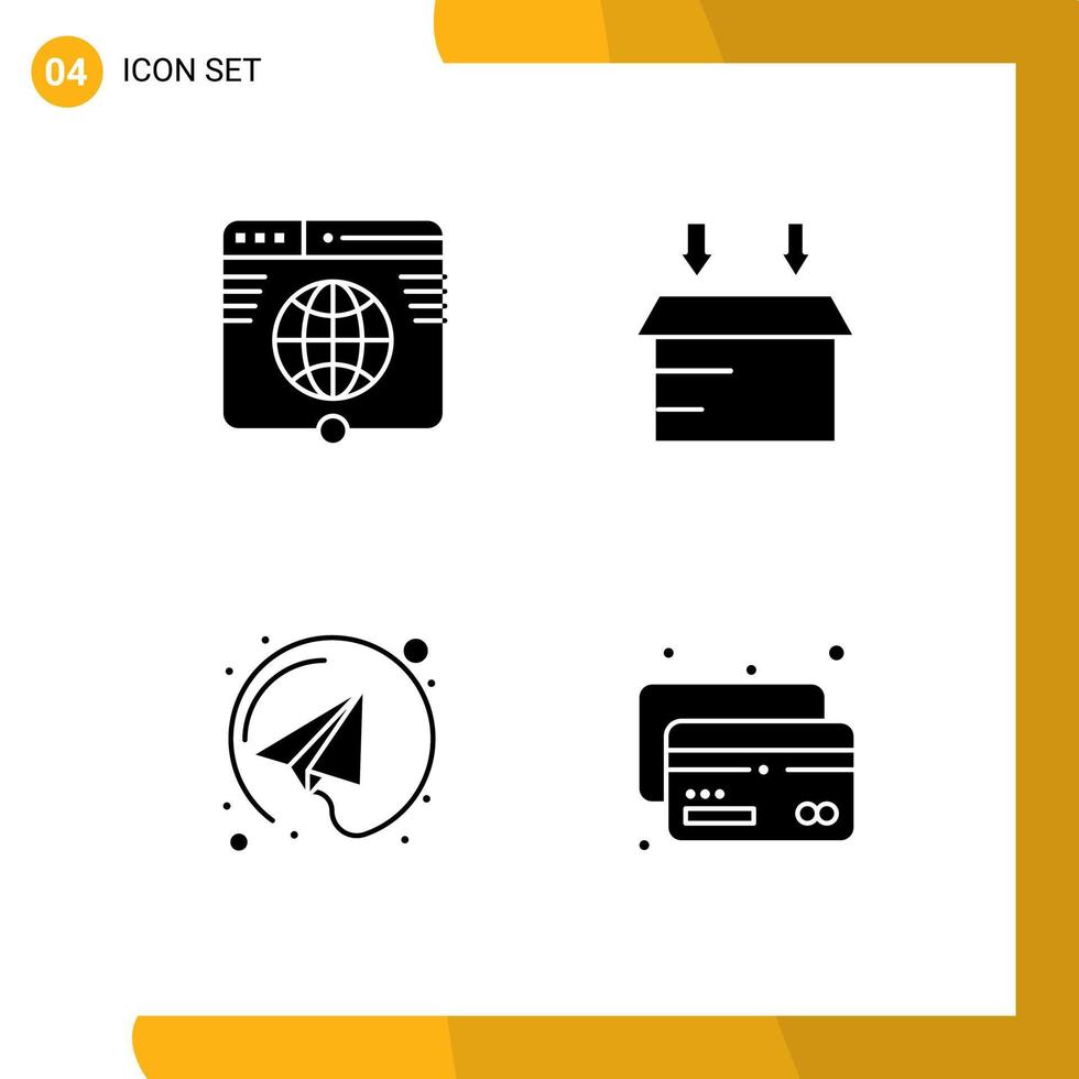 4 conceito de glifo sólido para sites móveis e aplicativos, globo, avião, rede, cartão logístico, elementos de design vetorial editáveis vetor