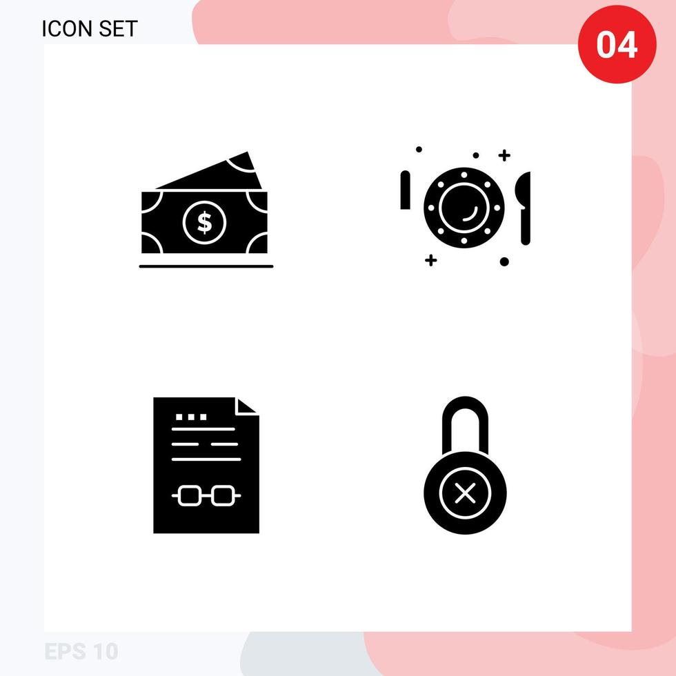 pacote de 4 sinais e símbolos de glifos sólidos modernos para mídia impressa na web, como contrato de dólar eua certificado de jantar editável elementos de design vetorial vetor