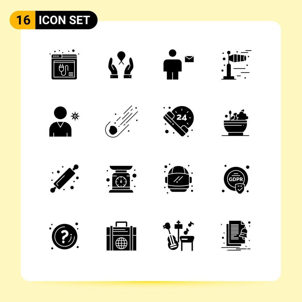 16 glifos sólidos vetoriais temáticos e símbolos editáveis de controles clima mulher ventosa humano editável elementos de design vetorial vetor