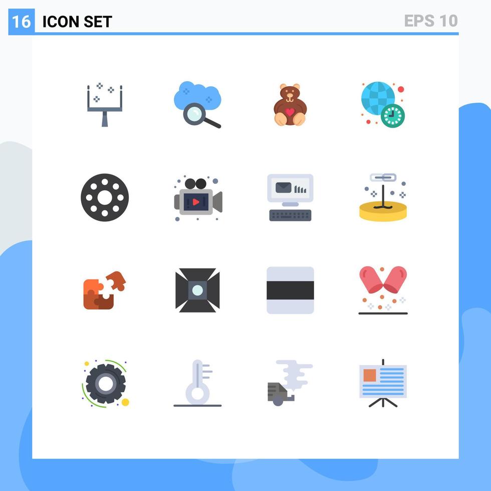 pacote de 16 sinais e símbolos modernos de cores planas para mídia impressa na web, como pacote editável de relógio de ponto de corações de notícias do mundo infravermelho de elementos de design de vetores criativos