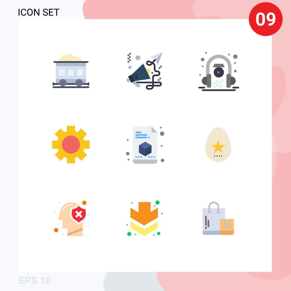 pacote de cores planas de 9 símbolos universais da engrenagem de fone de ouvido da impressora de página elementos de design de vetores editáveis
