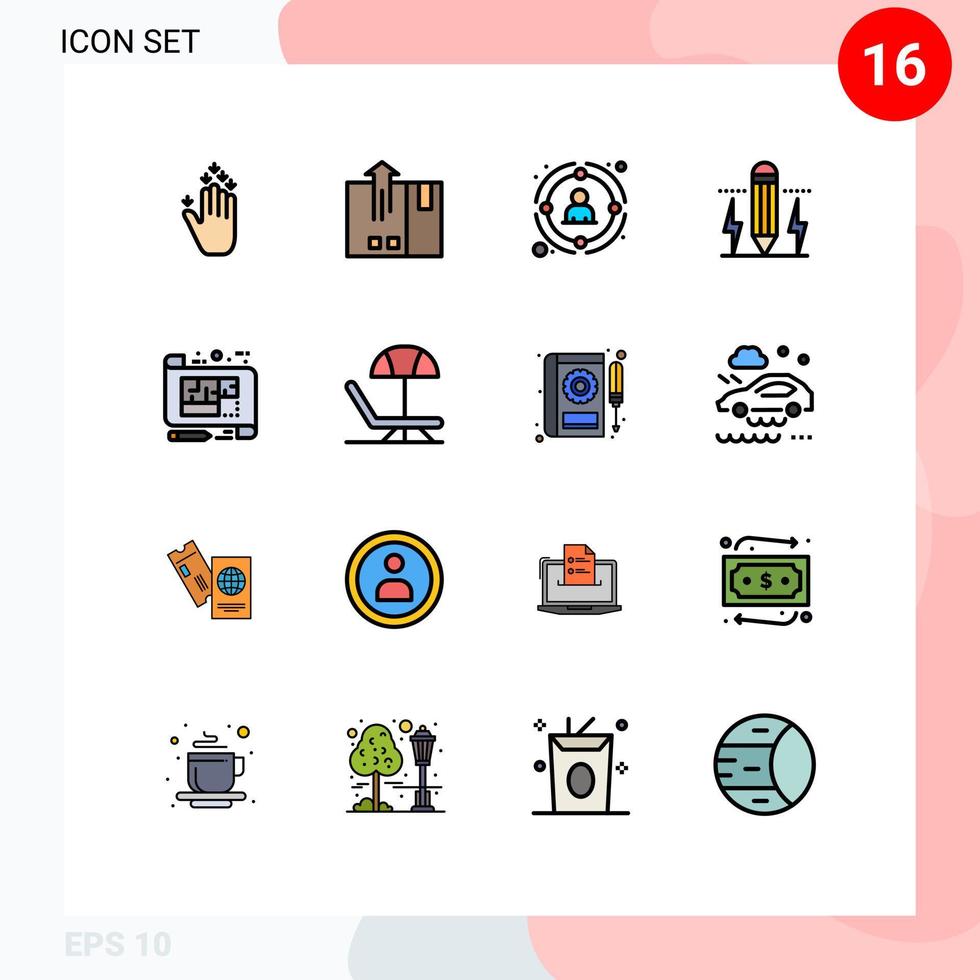 grupo de 16 linhas preenchidas de cores planas modernas definidas para desenho de parafuso, lápis logístico, pessoas, elementos de design de vetores criativos editáveis
