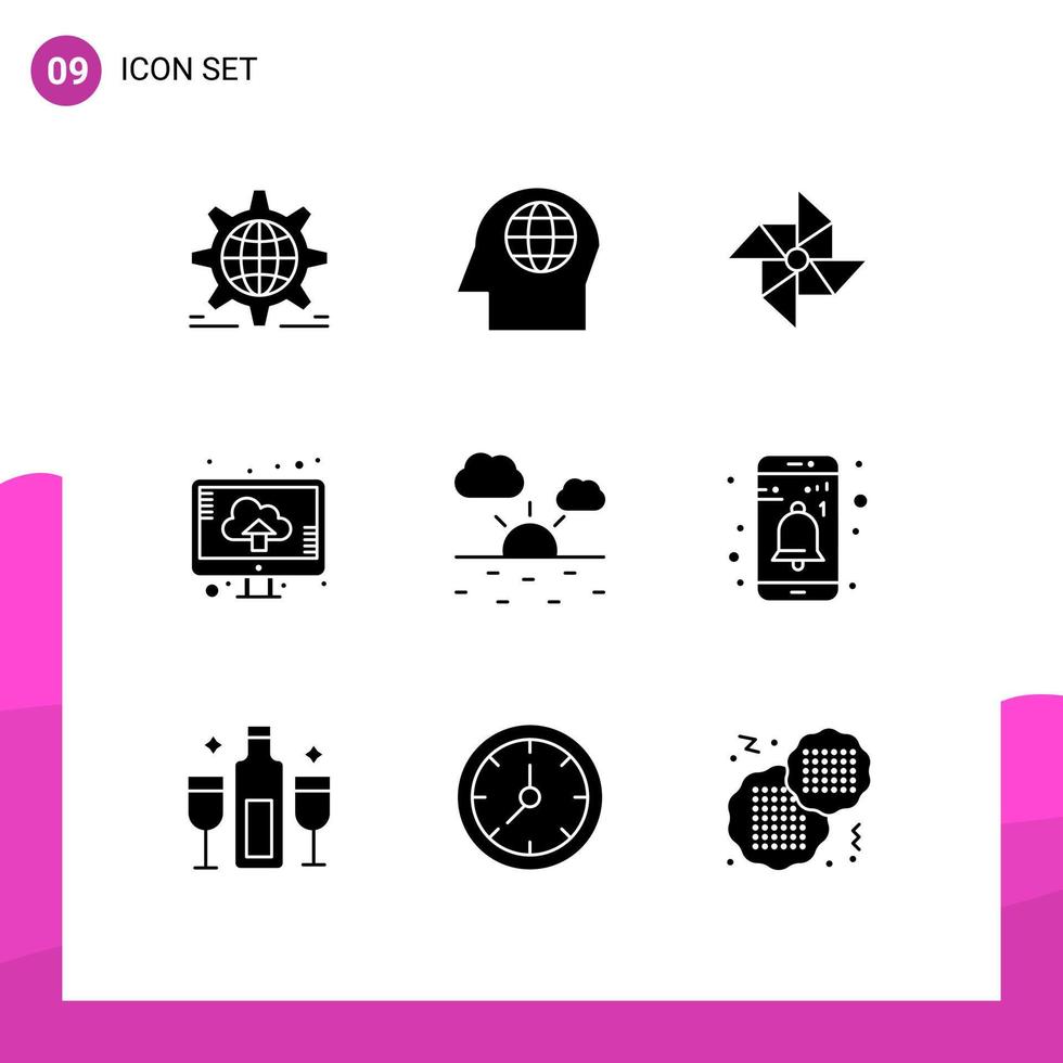 pacote de glifos sólidos de 9 símbolos universais de tempo nuvem primavera upload elementos de design de vetores editáveis por computador