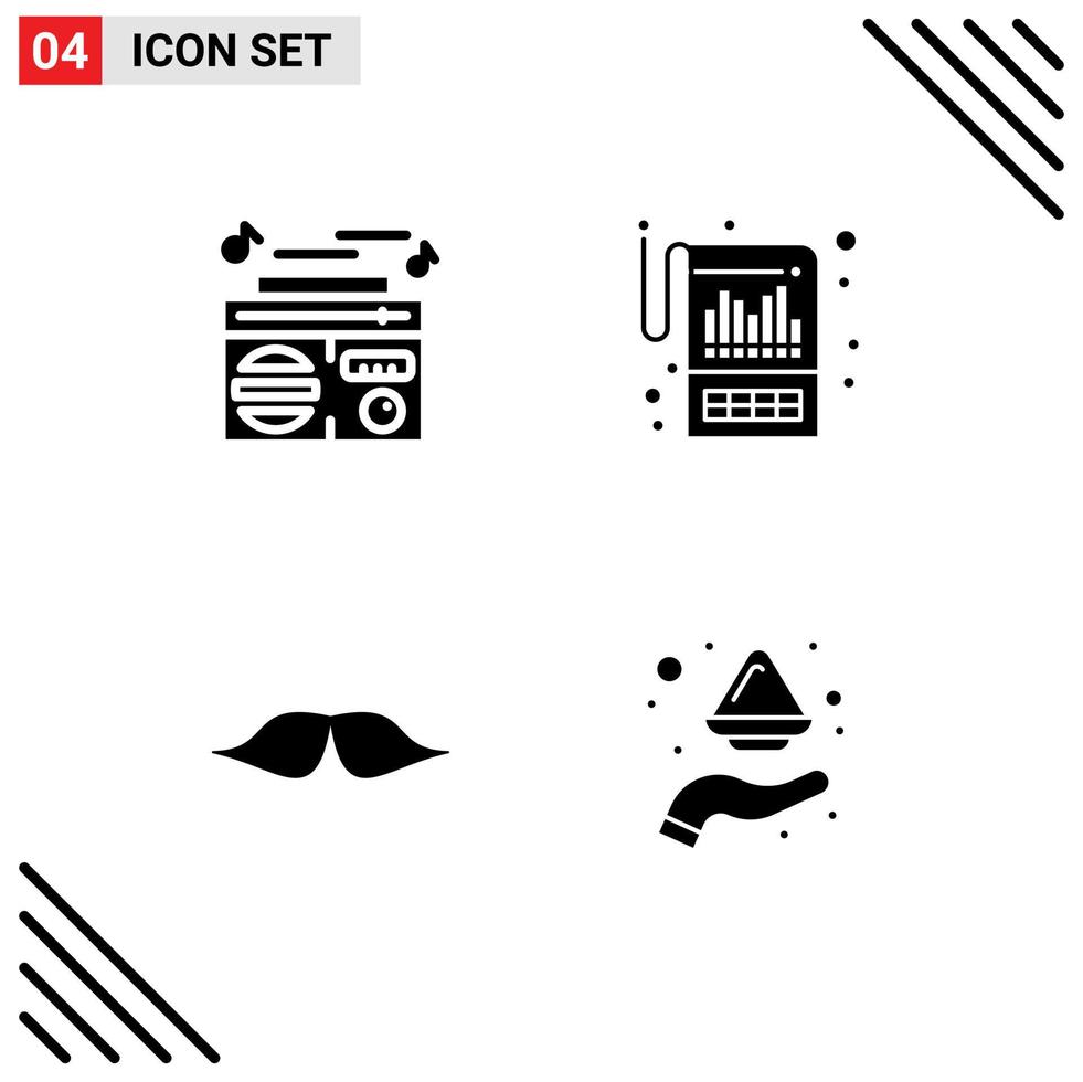 4 símbolos universais de glifo sólido de bigode de rádio, áudio, movimento financeiro, elementos de design de vetores editáveis