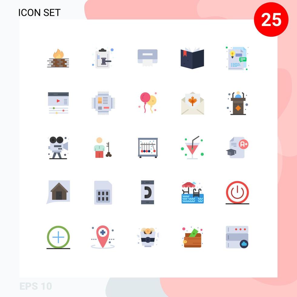 conjunto de cores planas de interface móvel de 25 pictogramas de ideia de design gráfico livro de conhecimento de martelo editável elementos de design vetorial vetor