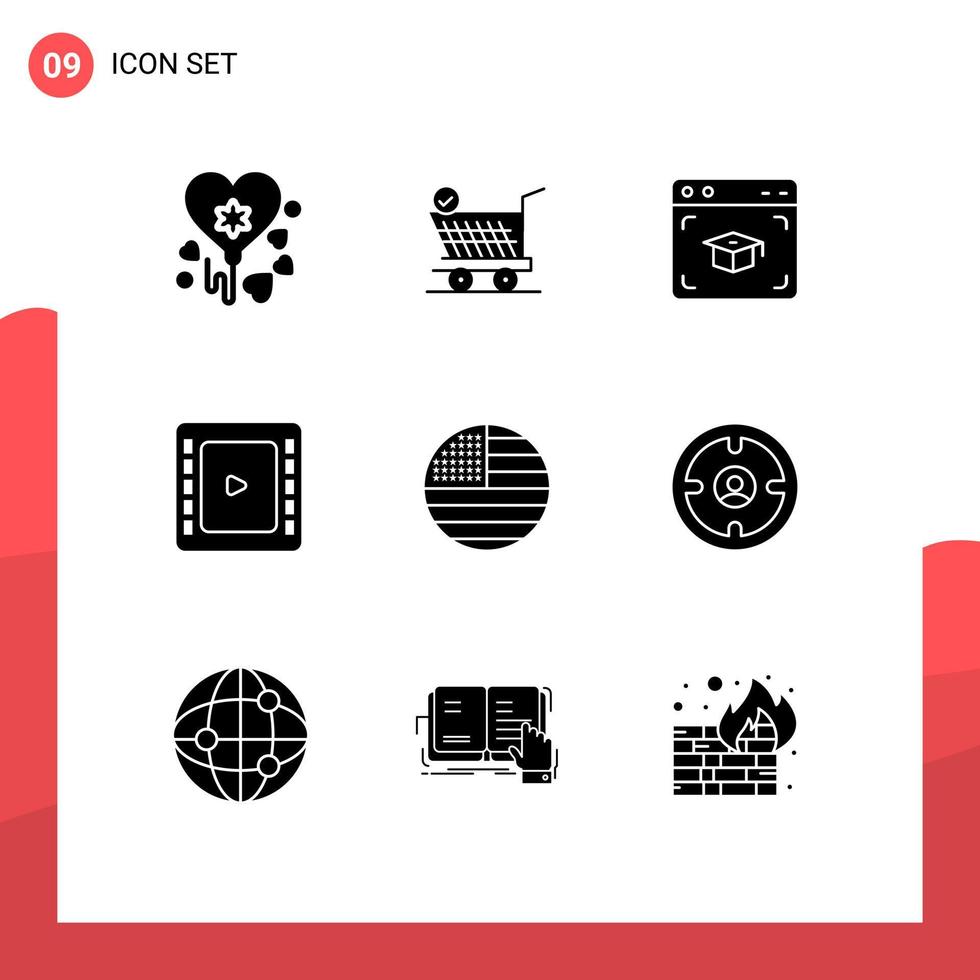 pacote de interface do usuário de 9 glifos sólidos básicos de boné de bandeira dos eua elementos de design de vetores editáveis de cinema americano