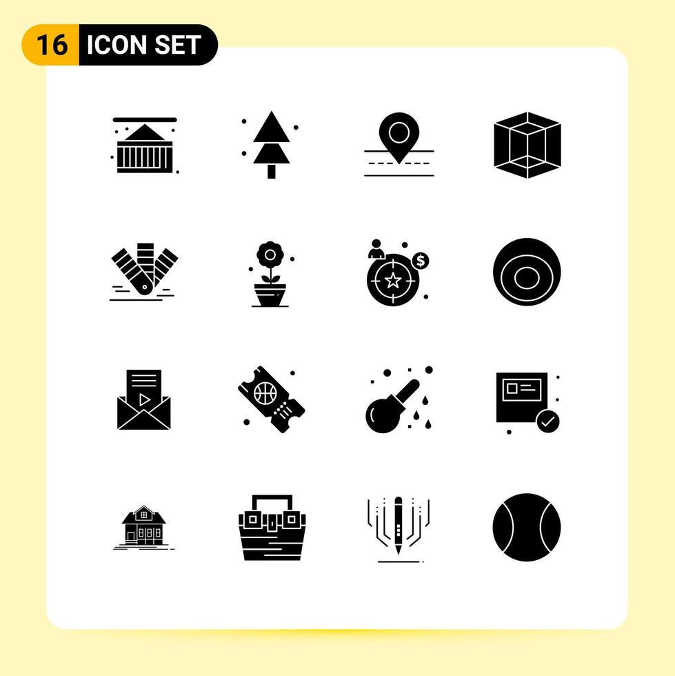 16 símbolos universais de glifos sólidos de design de ferramenta de estrada de cartão pantone elementos de design de vetores editáveis