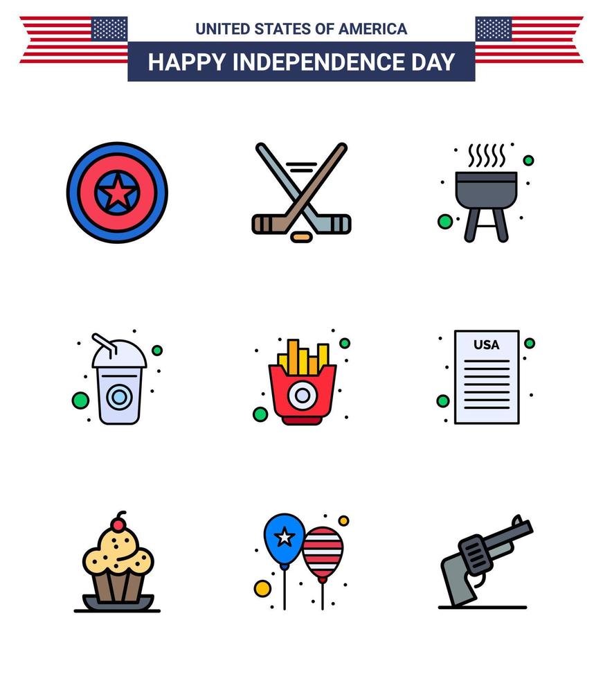 conjunto de 9 ícones do dia dos eua símbolos americanos sinais do dia da independência para batatas fritas churrasco rápido refrigerante cola editável dia dos eua vetor elementos de design