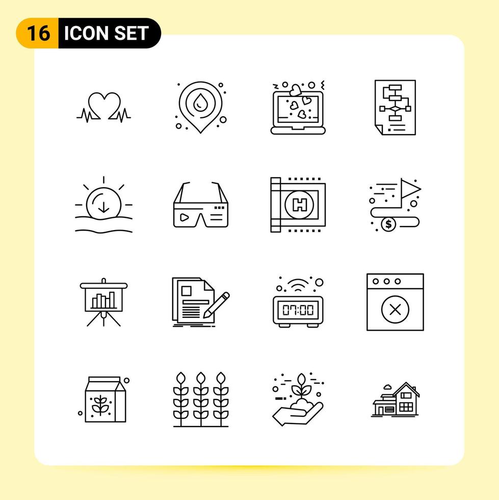 16 ícones criativos para design de site moderno e aplicativos móveis responsivos 16 sinais de símbolos de contorno em fundo branco 16 pacote de ícones vetor