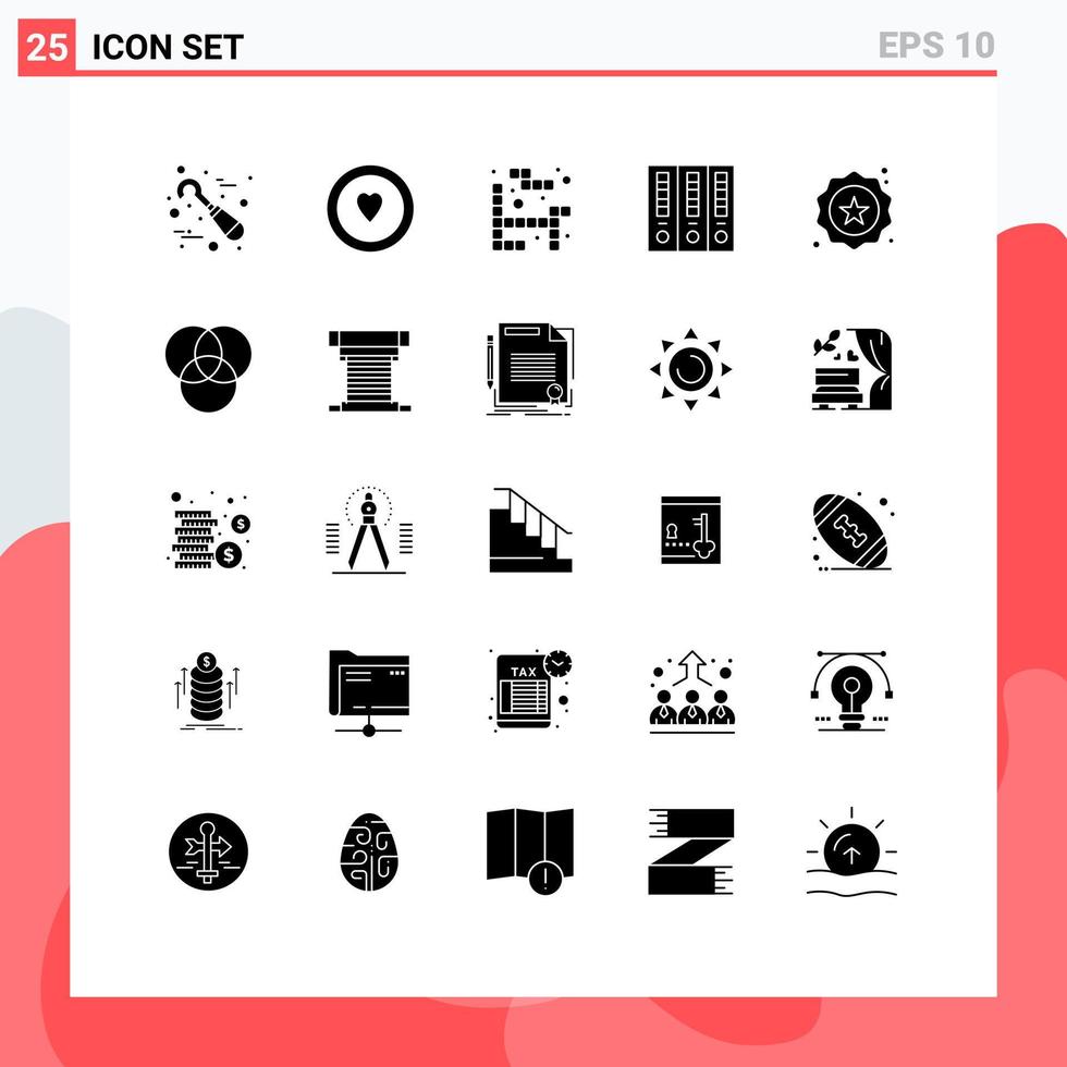 conjunto moderno de pictograma de 25 glifos sólidos de pasta de arquivo de crachá de jogo de rótulo de compras elementos de design de vetores editáveis
