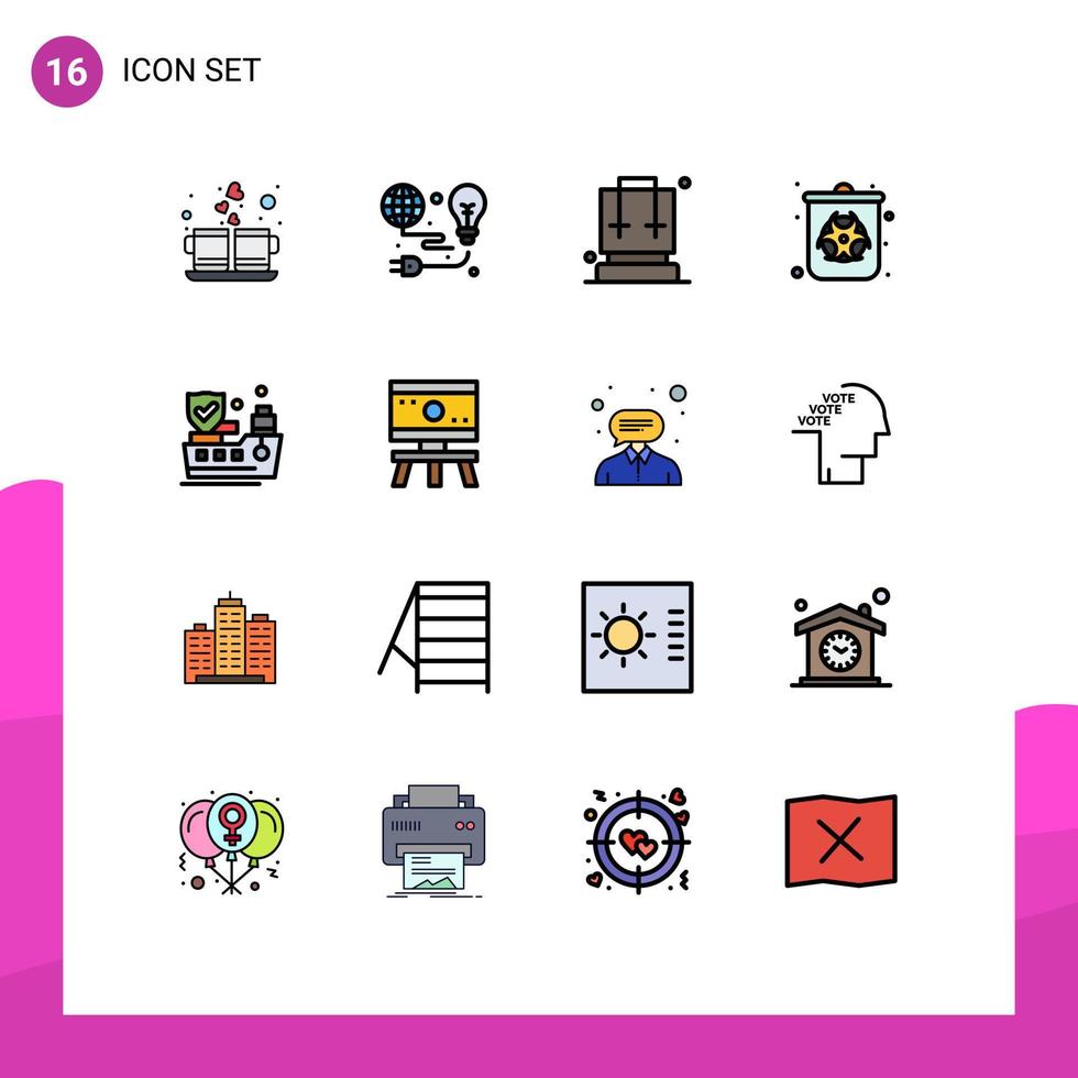 16 interface de usuário pacote de linha cheia de cores planas de sinais e símbolos modernos de resíduos de gás, lixeira, elementos de design de vetores criativos editáveis