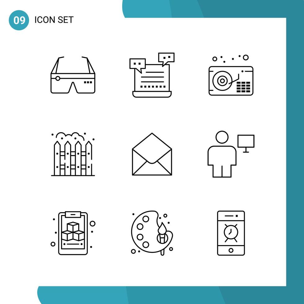 pacote vetorial de 9 ícones de estilo de linha de símbolos de contorno definidos em fundo branco para web e dispositivos móveis vetor
