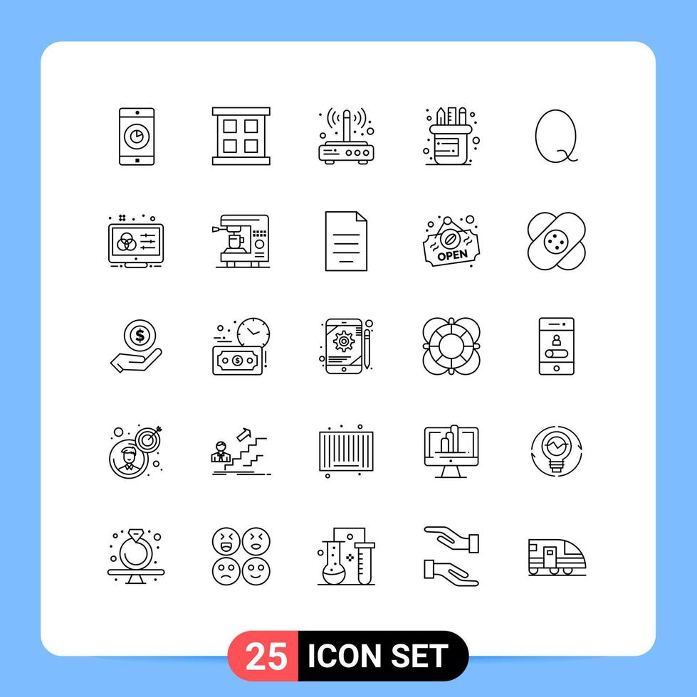 Pacote de linha de interface de usuário 25 de sinais e símbolos modernos do roteador de quetzal guatemalteco fornece elementos de design de vetores editáveis de escritório