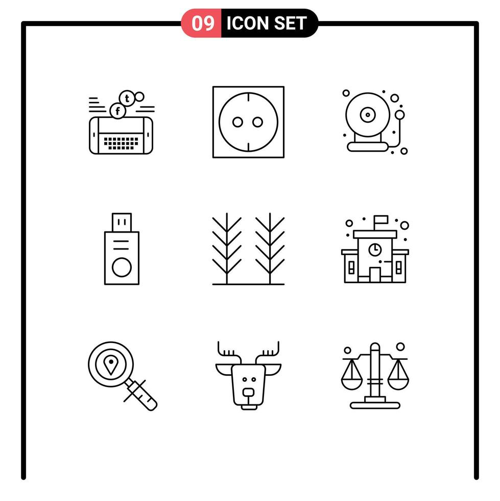 pacote de 9 sinais e símbolos de contornos modernos para mídia impressa na web, como construção de elementos de design de vetores editáveis de pen drive de cereal de sino de comida