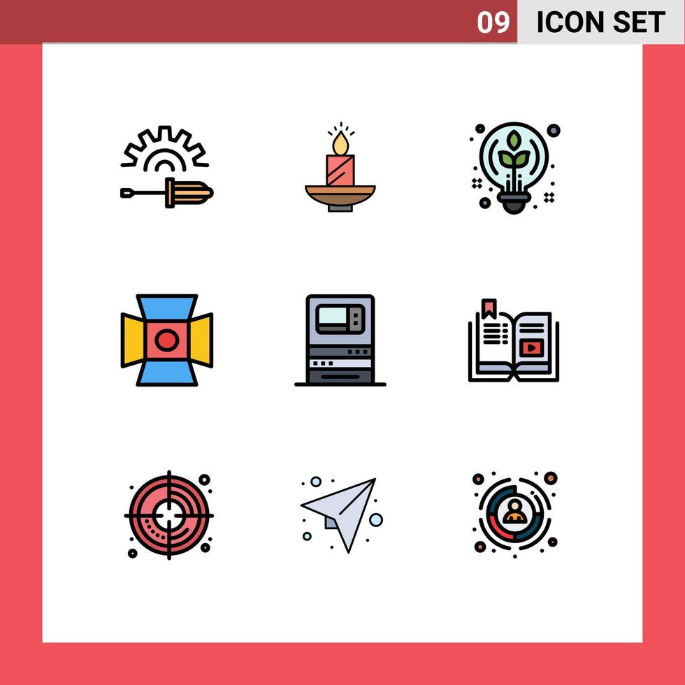 pacote de interface do usuário de 9 cores planas básicas de linhas preenchidas de design de lâmpada de luz de fotografia elementos de design de vetores editáveis