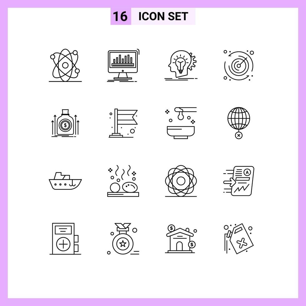 conjunto de pictogramas de 16 contornos simples de timer de dinheiro tempo criativo pensando em elementos de design de vetores editáveis