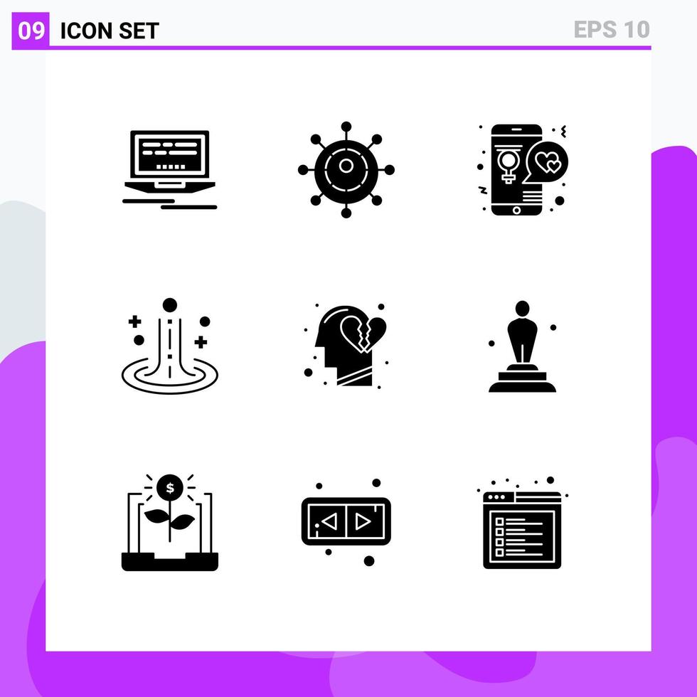 grupo de 9 sinais e símbolos de glifos sólidos para emoções de cabeça amam elementos de design de vetores editáveis de ondulação de água
