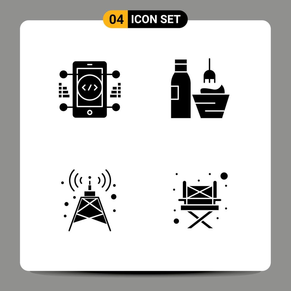 conjunto de 4 pacotes de glifos sólidos comerciais para codificação de elementos de design de vetores editáveis de torre de limpeza de antena
