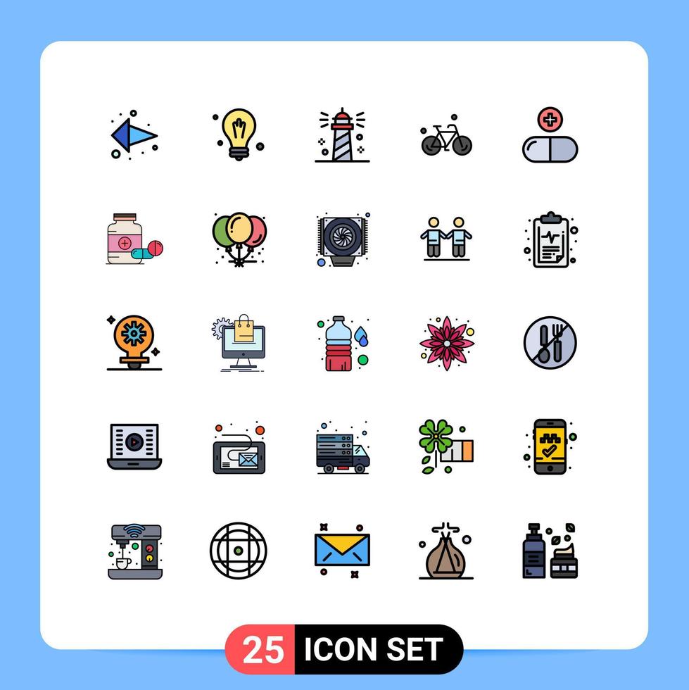 25 cores planas de linha cheia universal definidas para aplicações web e móveis farol de primavera médica ciclo bicicleta elementos de design de vetores editáveis