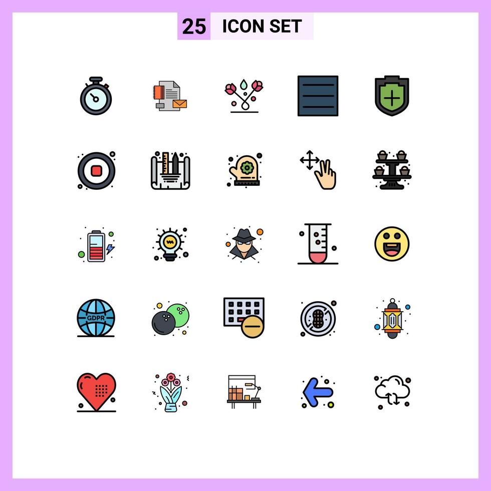 grupo de símbolos de ícone universal de 25 cores planas de linha preenchida moderna de segurança adicionar menu de identidade tulipa elementos de design de vetores editáveis