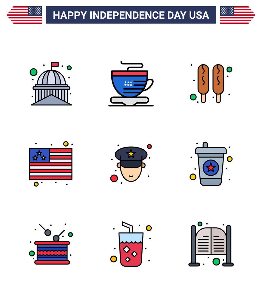 conjunto de 9 ícones do dia dos eua símbolos americanos sinais do dia da independência para oficial de bebidas corn dog homem bandeira editável dia dos eua vetor elementos de design