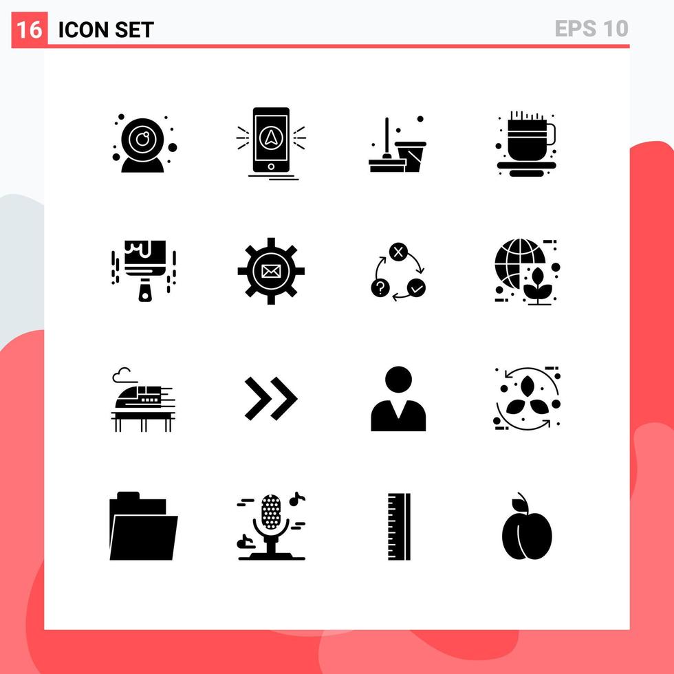 pacote de interface do usuário de 16 glifos sólidos básicos de cor pincel vassoura xícara de chá xícara de café elementos de design vetorial editáveis vetor