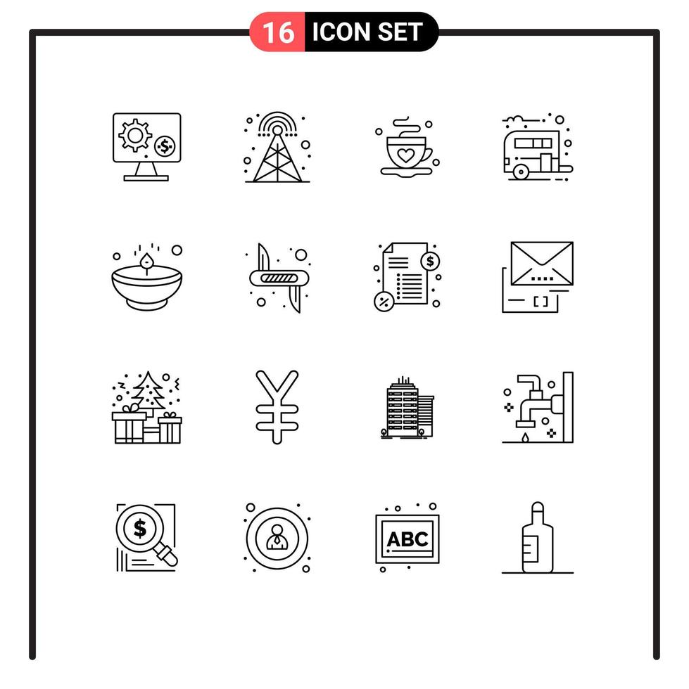 conjunto de 16 sinais de símbolos de ícones de interface do usuário modernos para transporte, acampamento, rádio, acampamento, chá, elementos de design de vetores editáveis