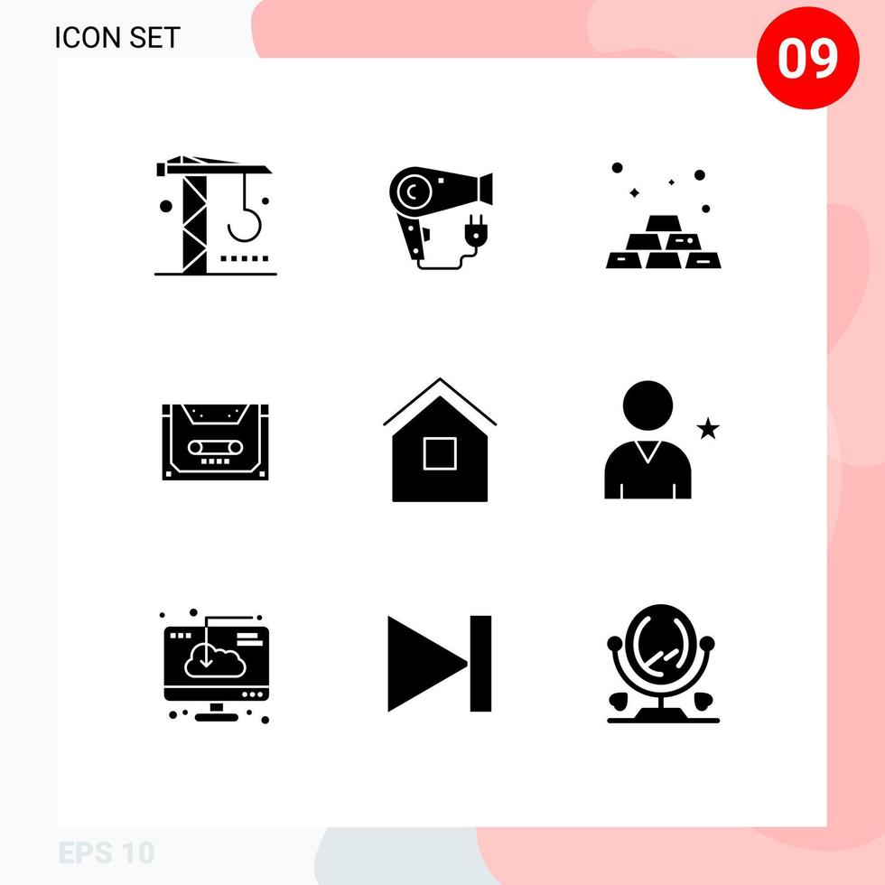 9 símbolos universais de glifo sólido de construção de elementos de design de vetor editável analógico de cassete bancário compacto