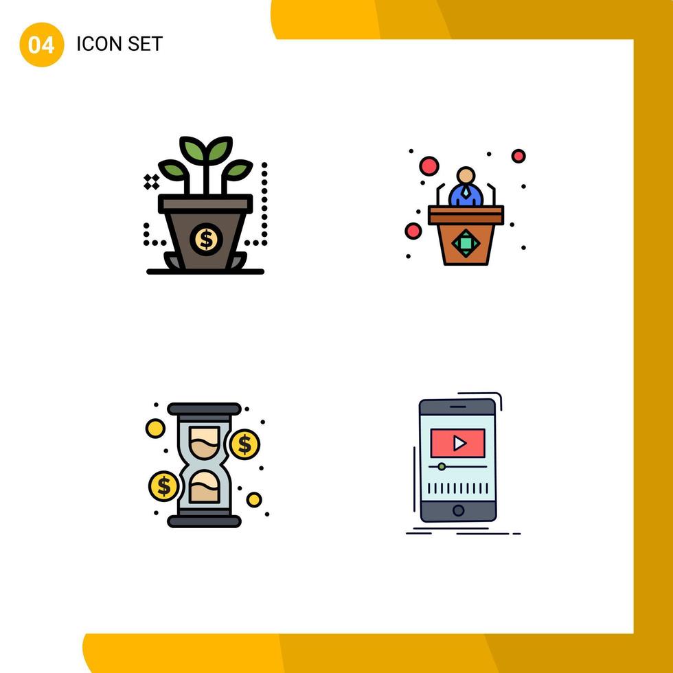 grupo de 4 sinais e símbolos de cores planas de linha preenchida para finanças, carregamento de mídia de discurso de negócios, elementos de design de vetores editáveis
