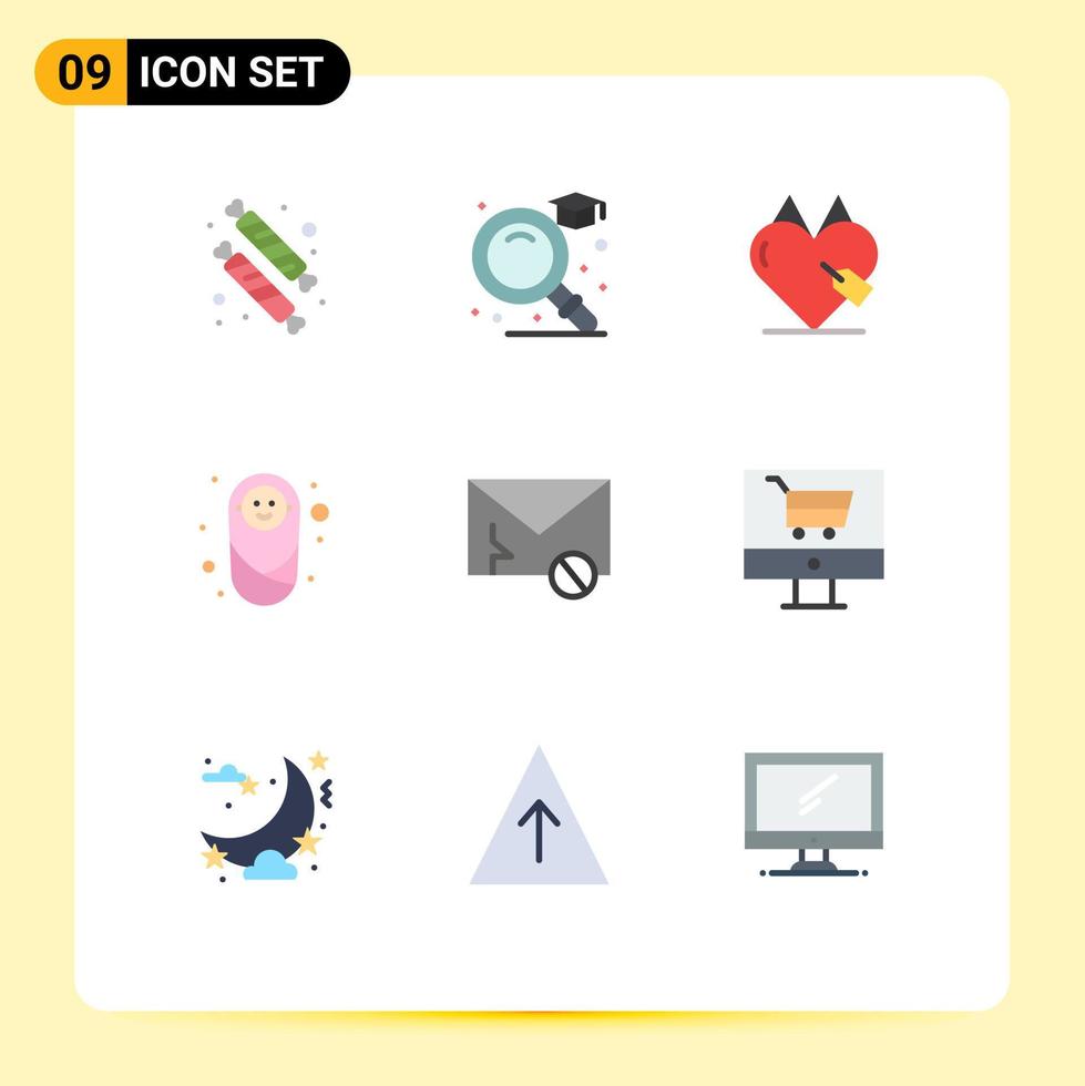 conjunto de cores planas de interface móvel de 9 pictogramas de proteção de e-mail e crianças bebê elementos de design de vetores editáveis