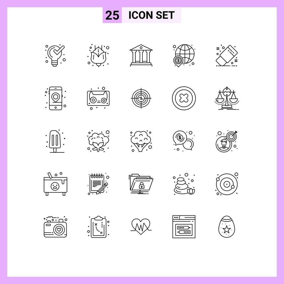 conjunto de 25 ícones de interface do usuário modernos, símbolos, sinais para apagador, depósito mundial, dinheiro, finanças, elementos de design de vetores editáveis