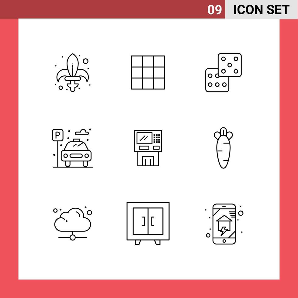 pacote de linha vetorial editável de 9 contornos simples de dinheiro atm casino vida estacionamento elementos de design vetorial editável vetor