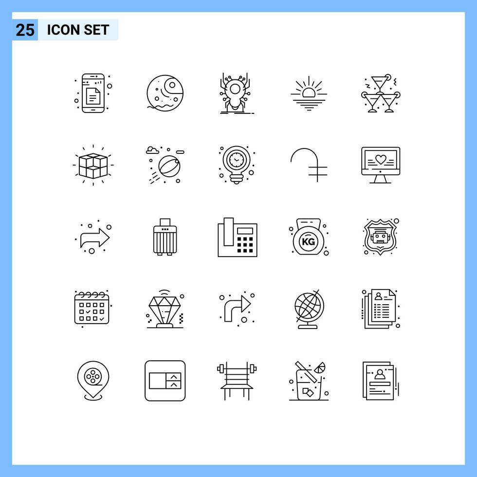 Pacote de 25 linhas de interface de usuário de sinais e símbolos modernos de álcool, aplicativo de luz de insetos matinais, elementos de design de vetores editáveis