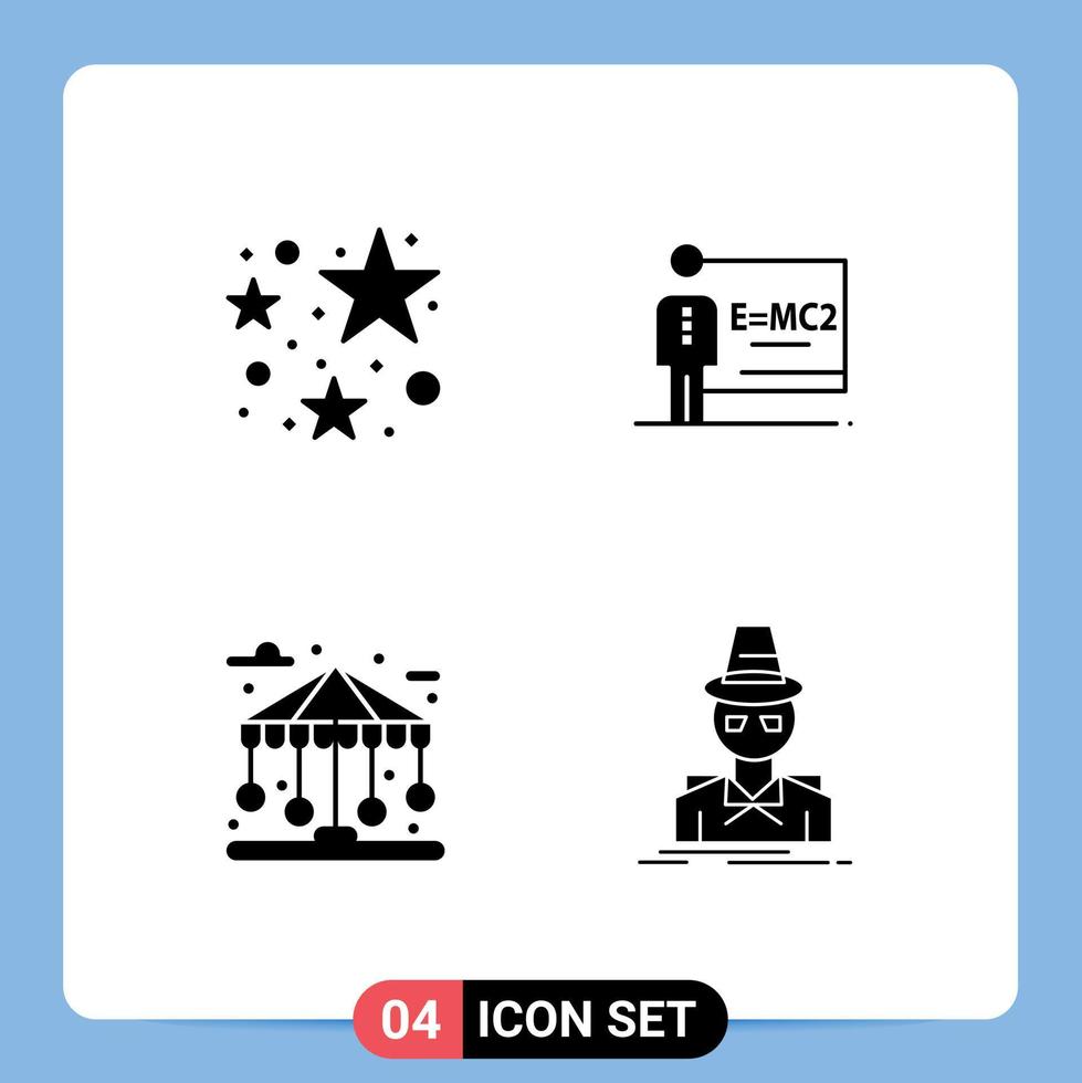 grupo de 4 sinais e símbolos de glifos sólidos para elementos de design de vetores editáveis de detetive de sala de aula de parque de aniversário
