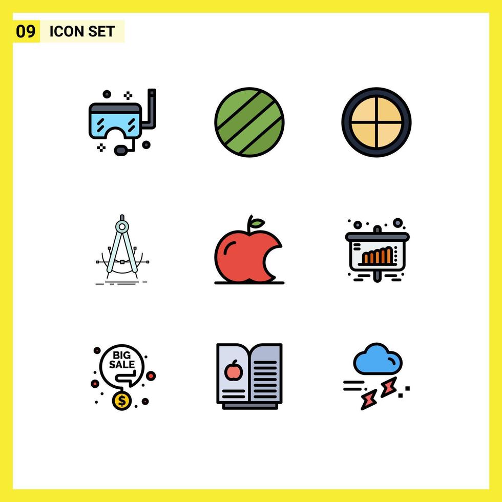 grupo de 9 sinais e símbolos de cores planas de linha preenchida para elementos de design de vetores editáveis de bússola de maçã de negócios