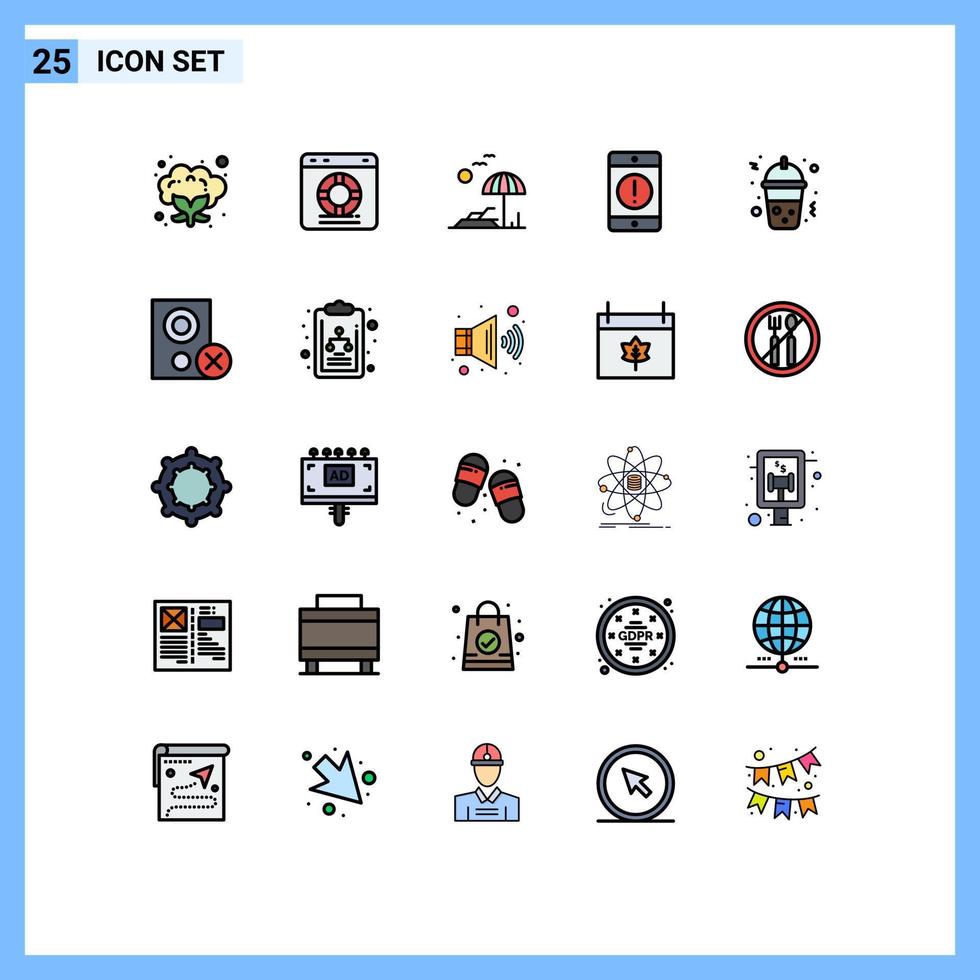 pacote de linha vetorial editável de 25 cores planas de linha preenchida simples de dispositivos de praia de erro frappe alertam elementos de design vetorial editável vetor