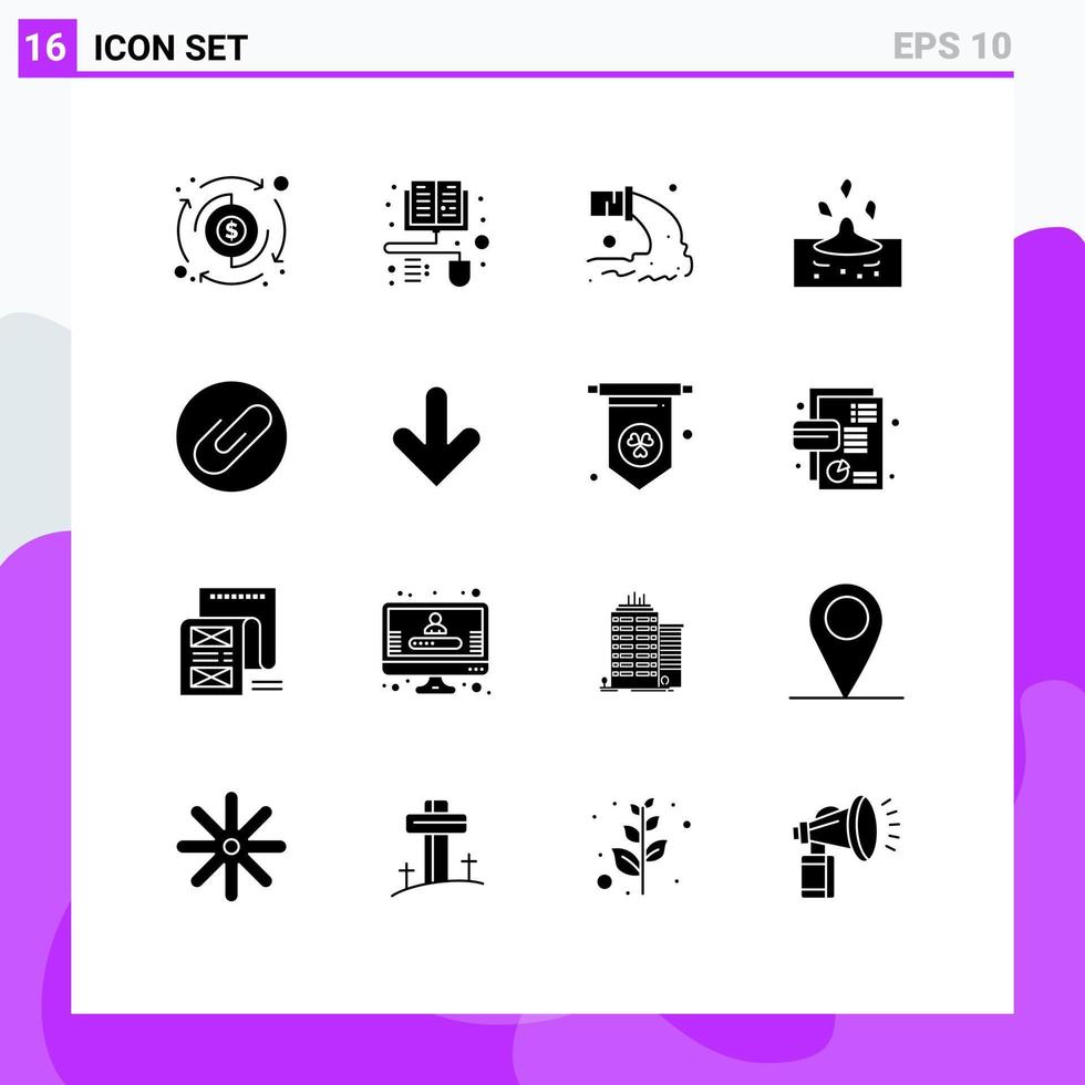 pacote de interface de usuário de 16 glifos sólidos básicos de anexo poluição da água gota chuvosa elementos de design vetorial editáveis vetor