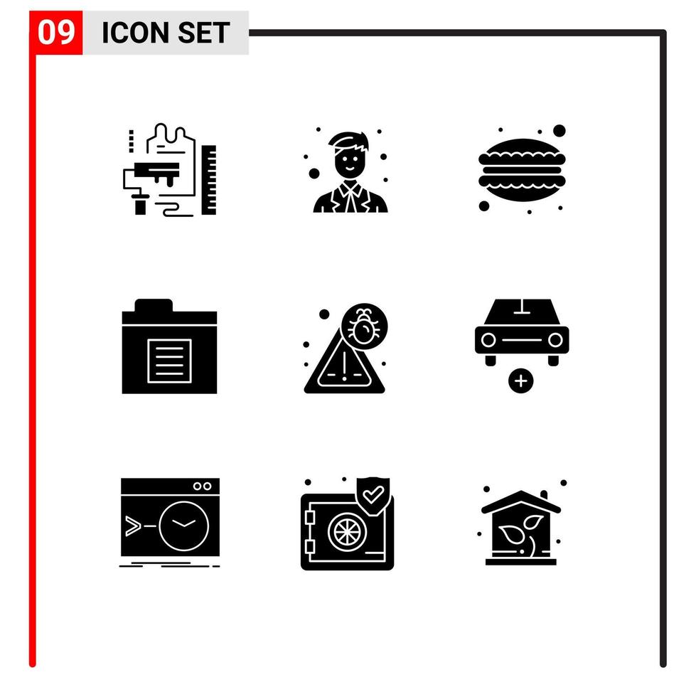 pacote de 9 sinais e símbolos de glifos sólidos modernos para mídia impressa na web, como pasta de segurança, arquivos de trabalho, comida, elementos de design vetorial editáveis vetor