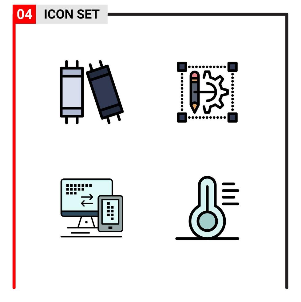 4 símbolos universais de sinais de cor plana de linha preenchida de halogênio, monitor, lápis, impressora, célula, elementos de design vetorial editáveis vetor