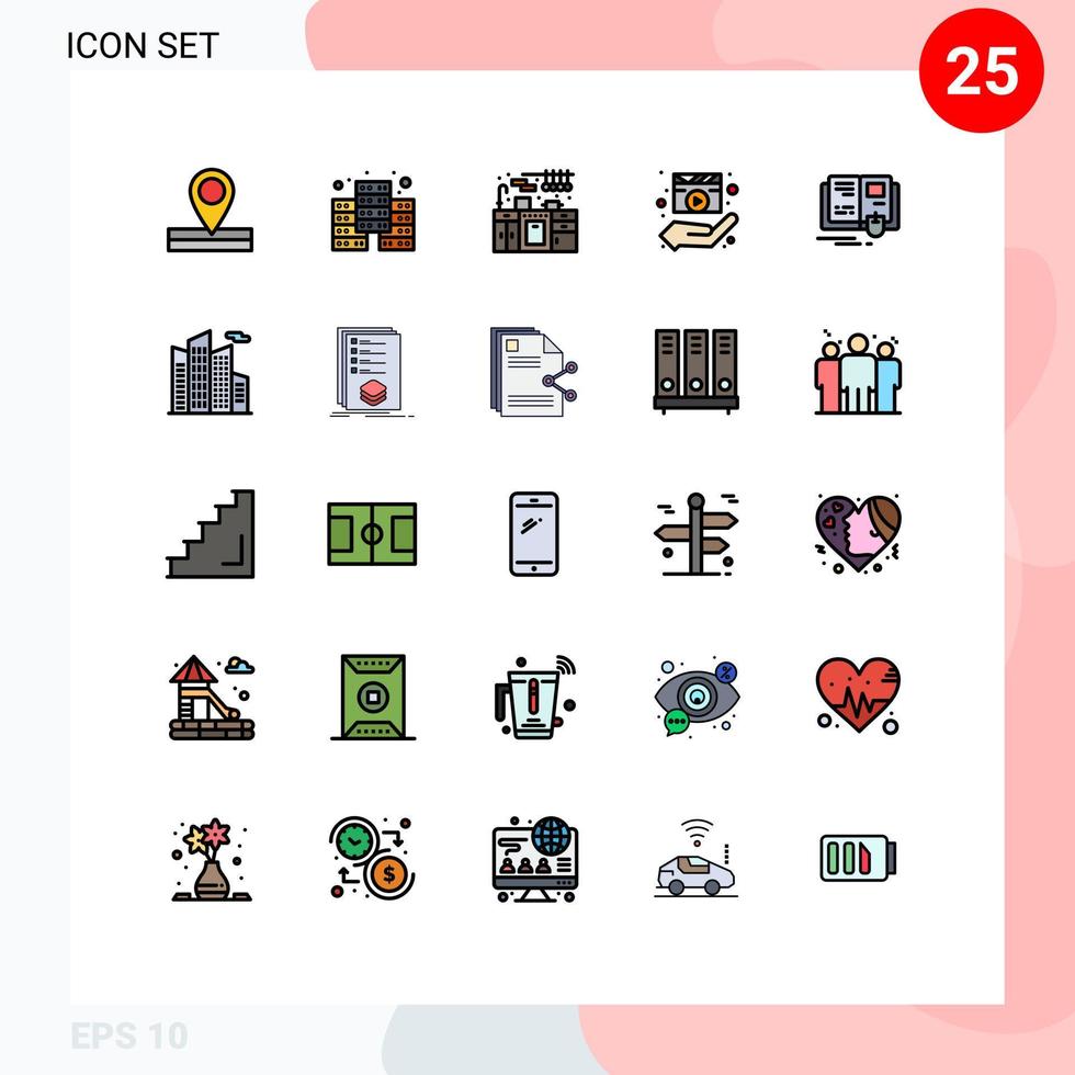 pacote de interface de usuário de 25 cores planas de linha preenchida básica de conjunto de cozinha de educação de mouse livro media player elementos de design de vetores editáveis